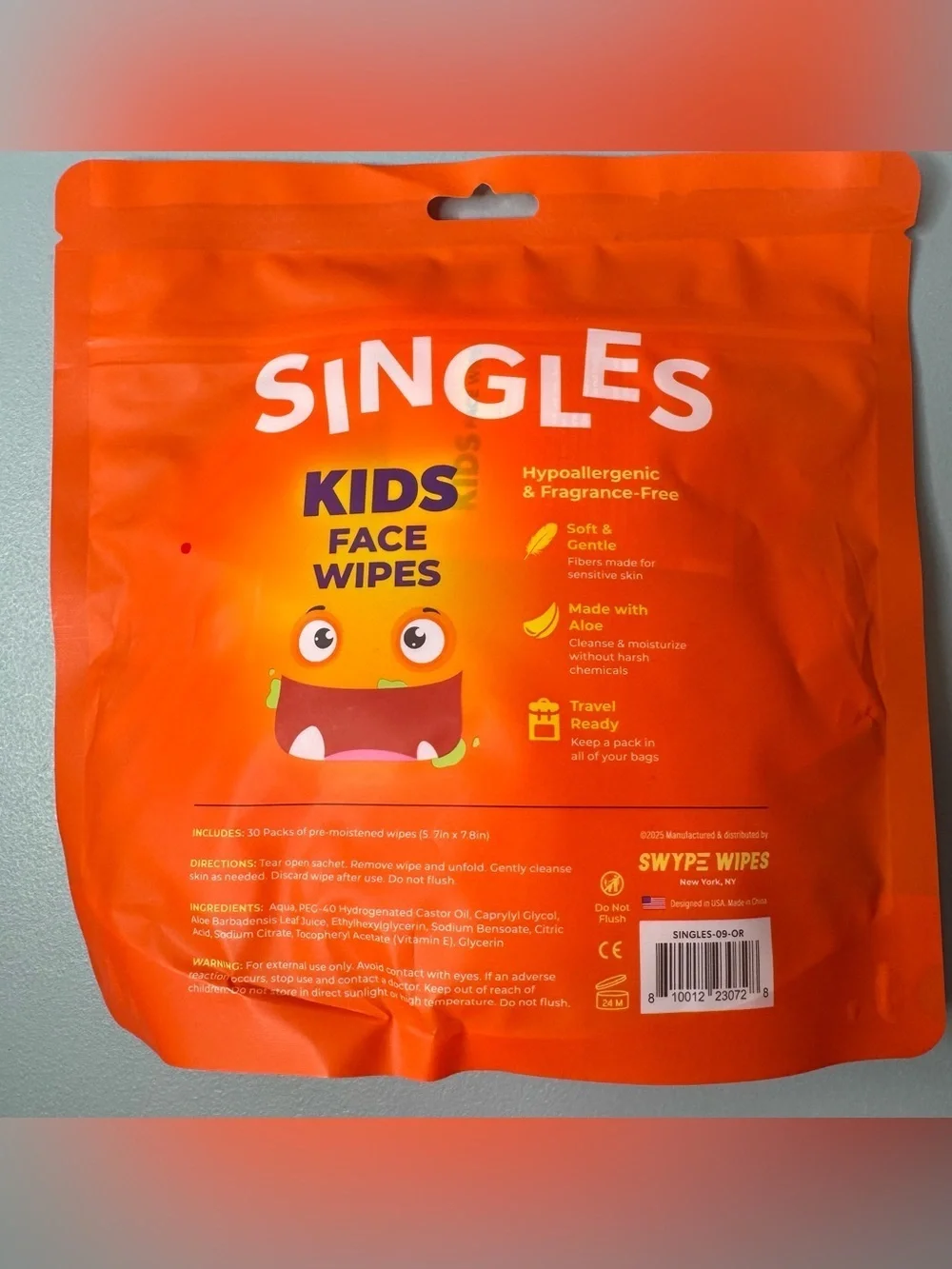 Single Kids Face Wipes 30 pre-wet wipes travel for face hands hypoallergenic